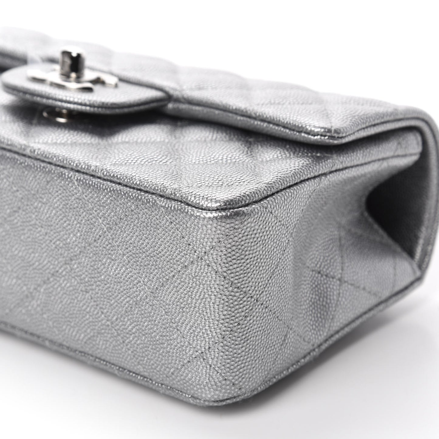 Metallic Caviar Quilted Mini Top Handle Rectangular Flap Silver