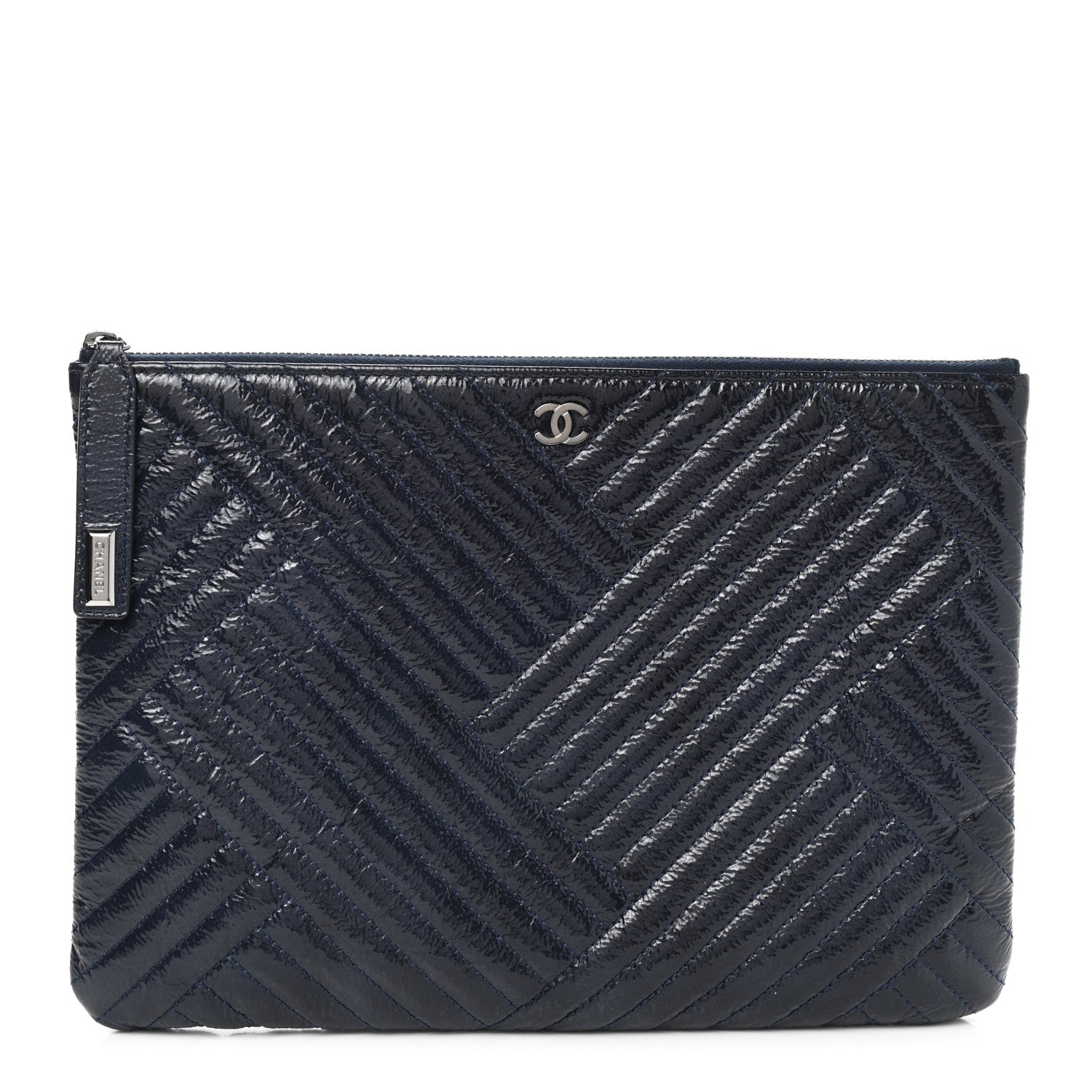 Chanel Distressed Patent Chevron Quilted Medium CC Crossing Cosmetic Case Navy 1 of 7
