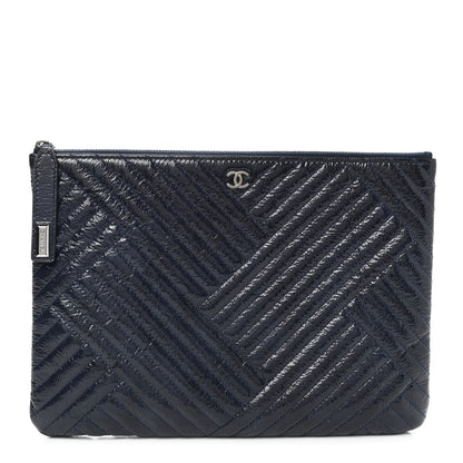 Chanel Distressed Patent Chevron Quilted Medium CC Crossing Cosmetic Case Navy 1 of 7