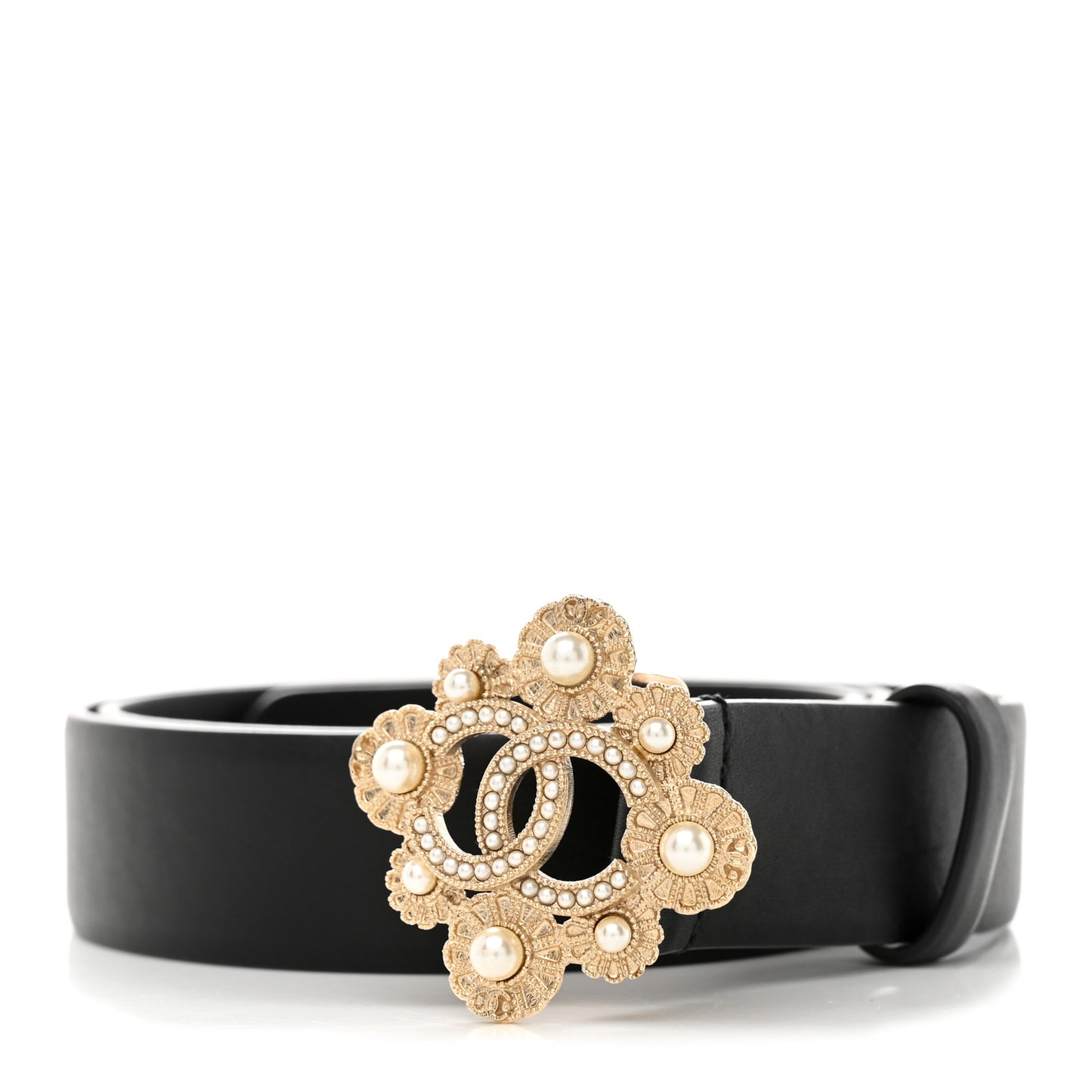 Calfskin Pearl Camellia CC Belt 85 34 Black Gold