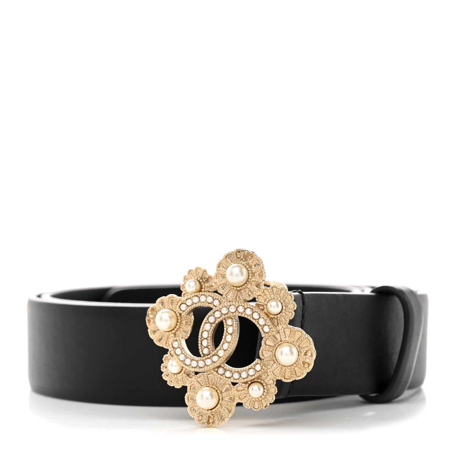 Chanel Calfskin Pearl Camellia CC Belt 85 34 Black Gold 1 of 7