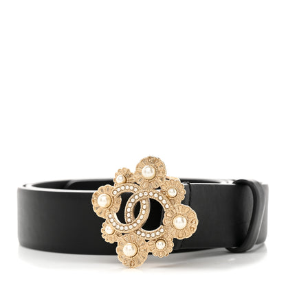 Chanel Calfskin Pearl Camellia CC Belt 85 34 Black Gold 1 of 7