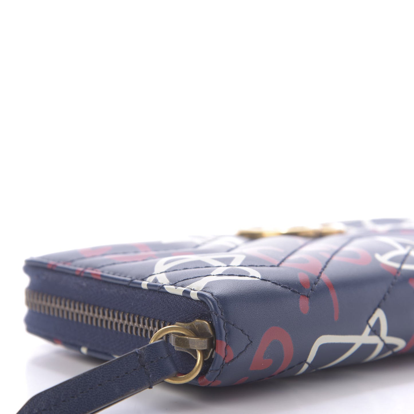 Calfskin Matelasse GucciGhost GG Marmont Zip Around Wallet Blue Agata Hibiscus Red