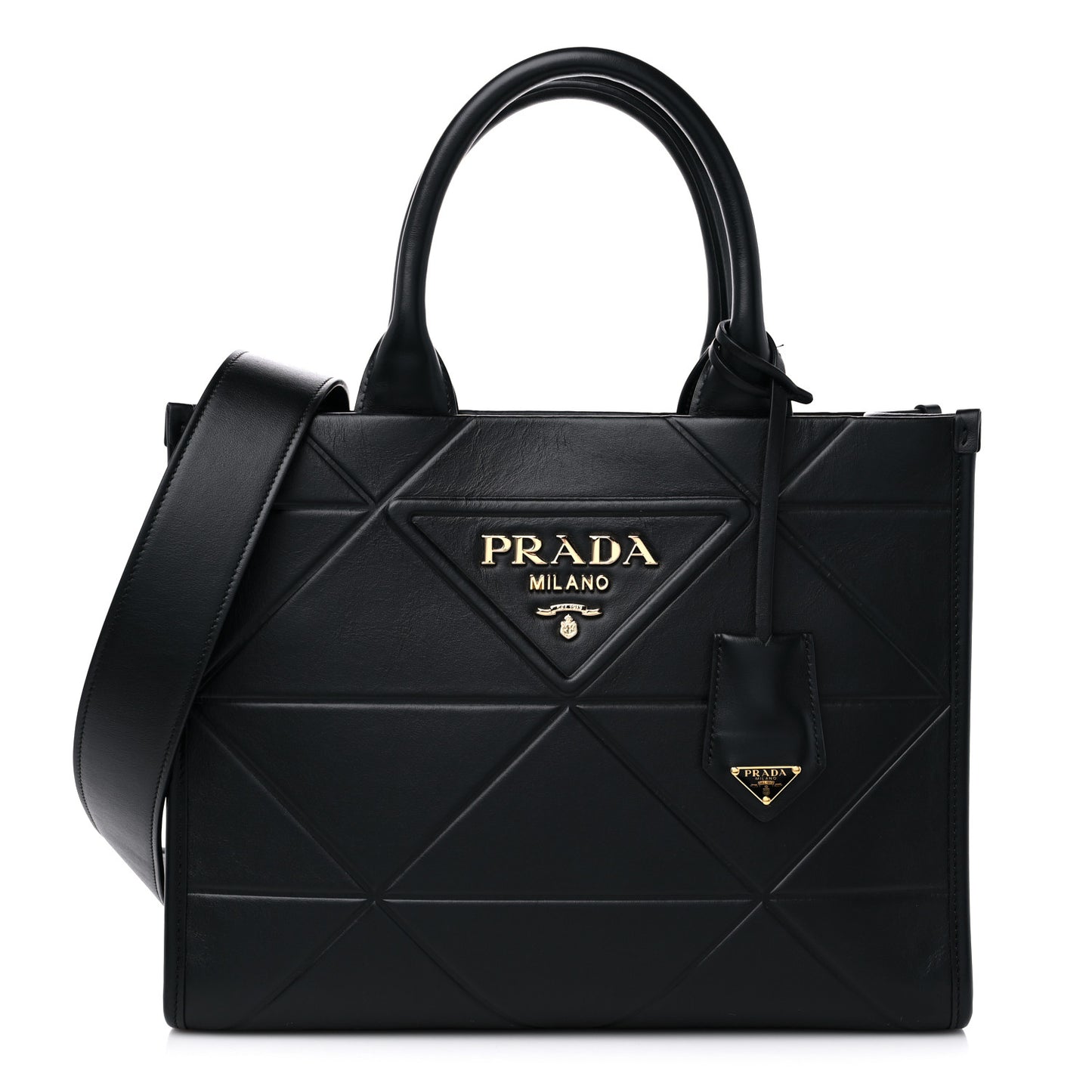 Soft Calfskin Triangolo Symbole Embossed Small Tote Black