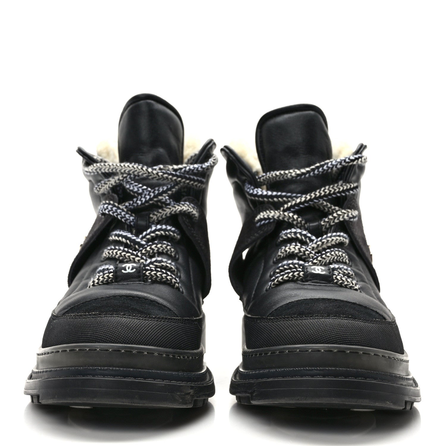 Chanel Lambskin Shearling Suede CC High Lace Up Boots 38 Black 2 of 10