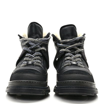 Chanel Lambskin Shearling Suede CC High Lace Up Boots 38 Black 2 of 10
