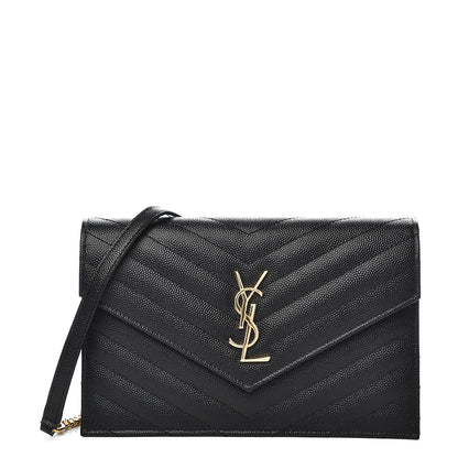 Saint Laurent Grain De Poudre Matelasse Chevron Monogram Envelope Chain Wallet Black 1 of 10