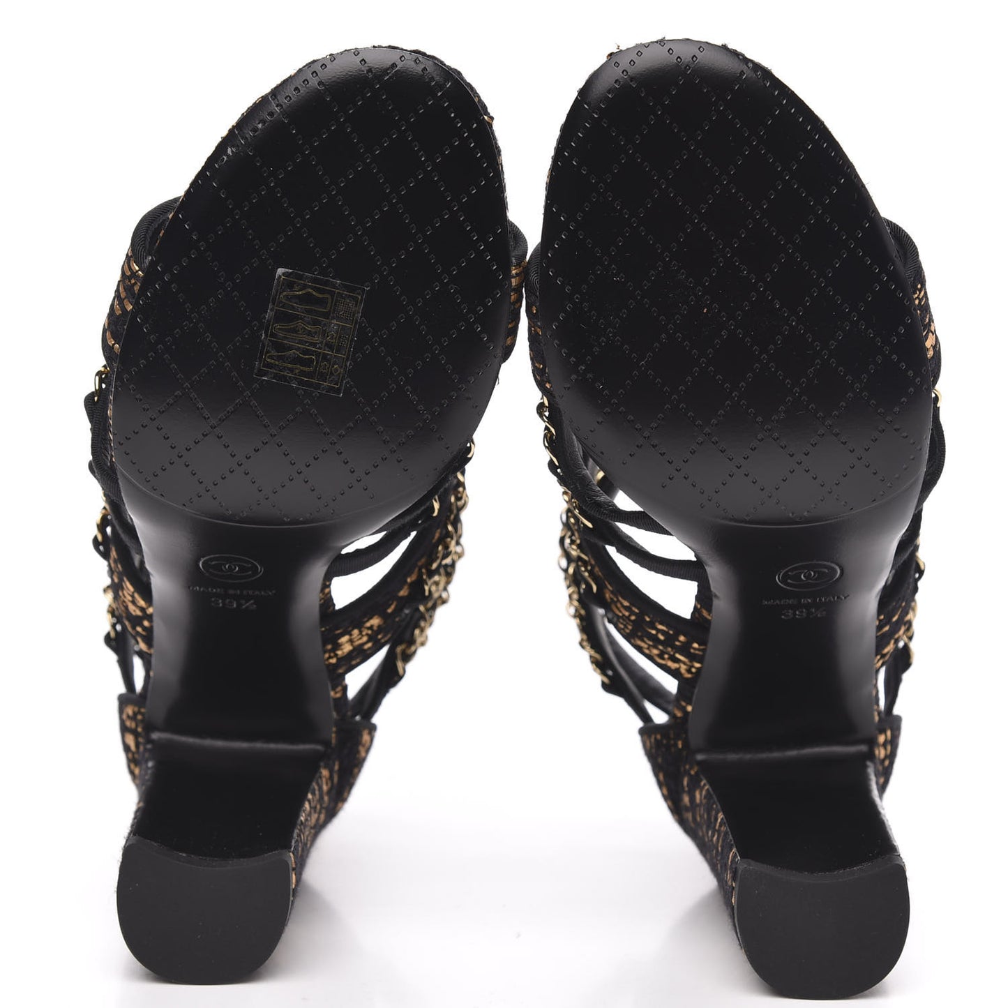 Metallic Tweed Gladiator Chain Sandals 39.5 Black Gold