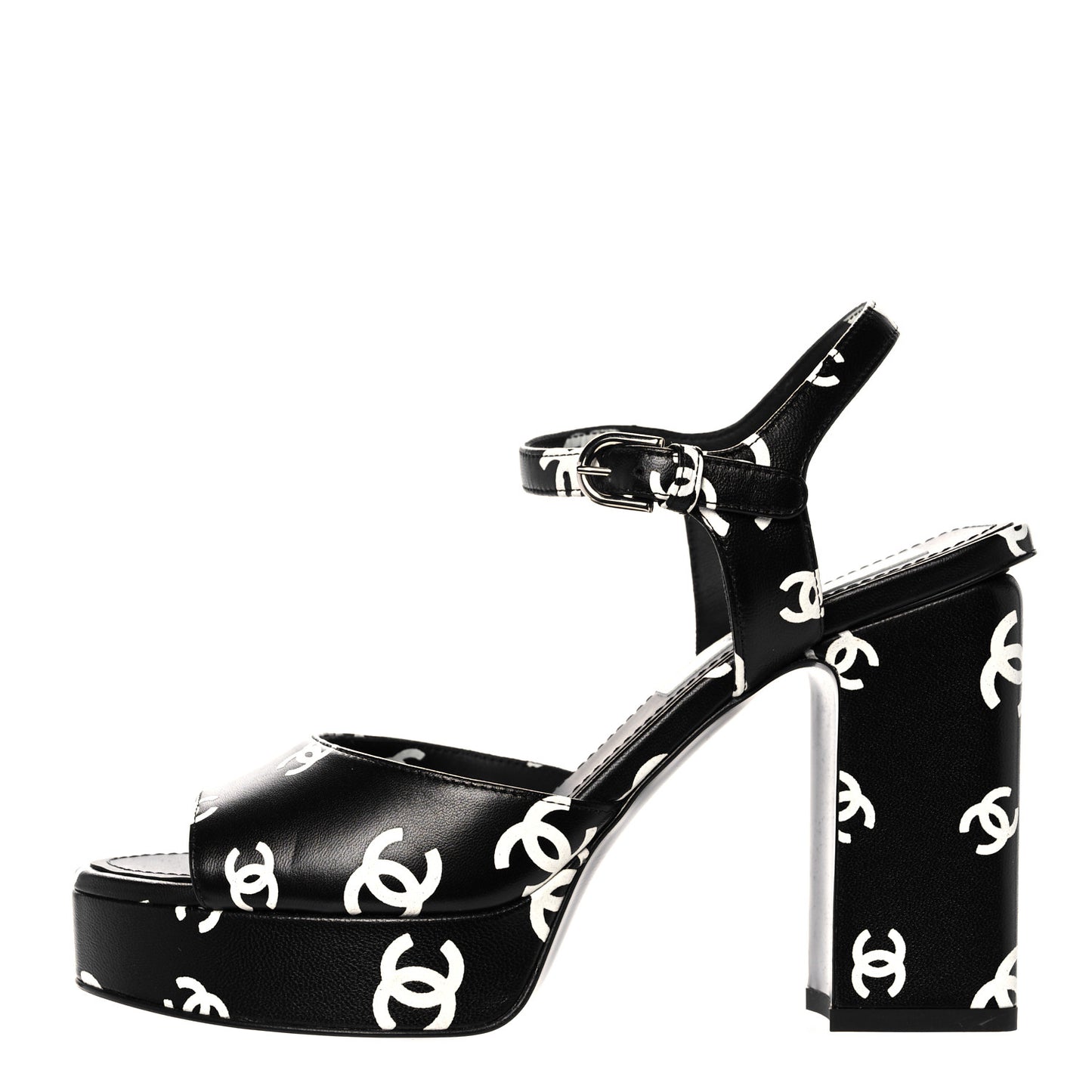 Printed Lambskin CC Platform Sandals 36 Black White