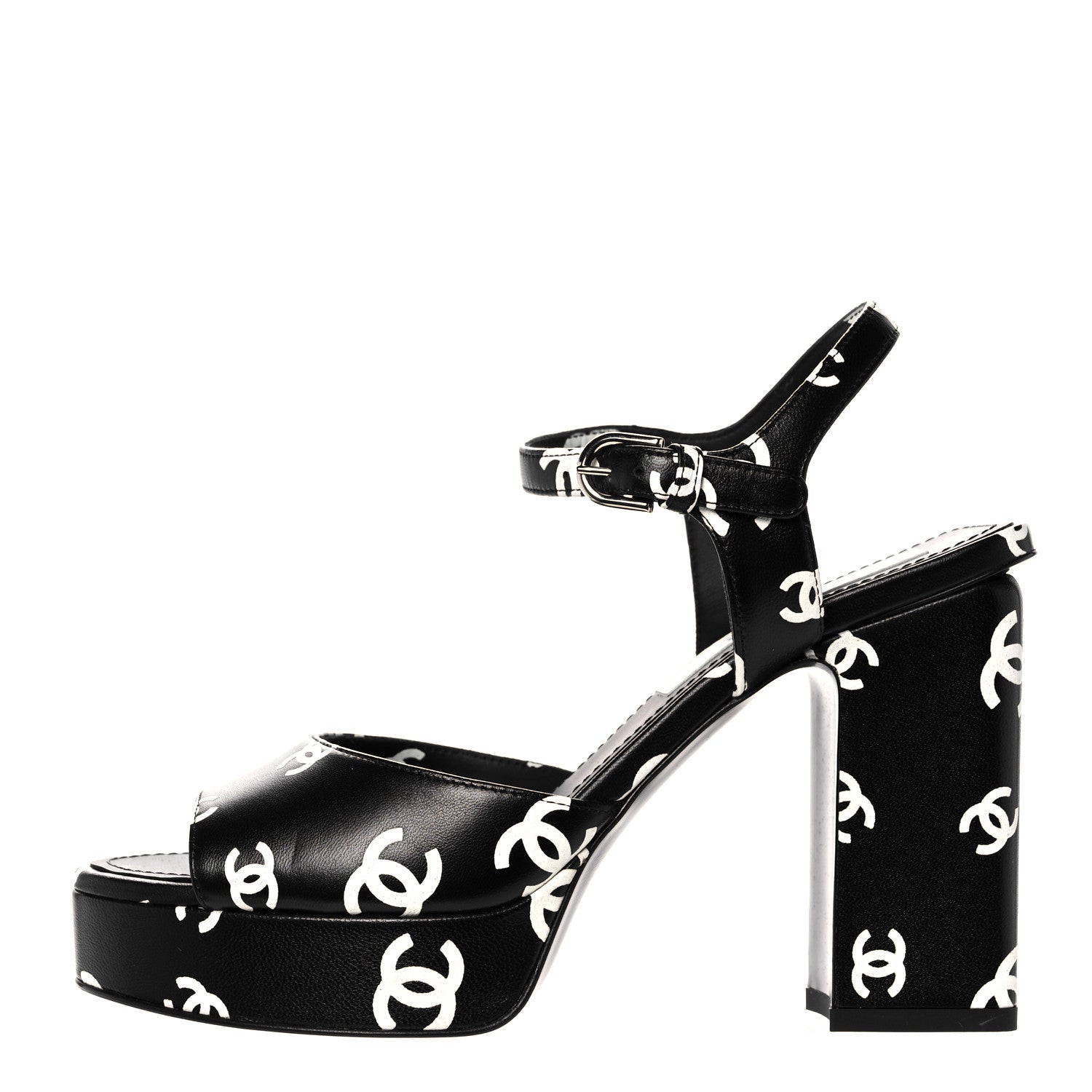 Chanel Printed Lambskin CC Platform Sandals 36 Black White 1 of 9