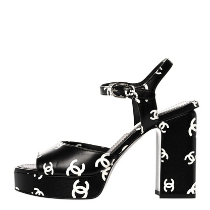 Chanel Printed Lambskin CC Platform Sandals 36 Black White 1 of 9