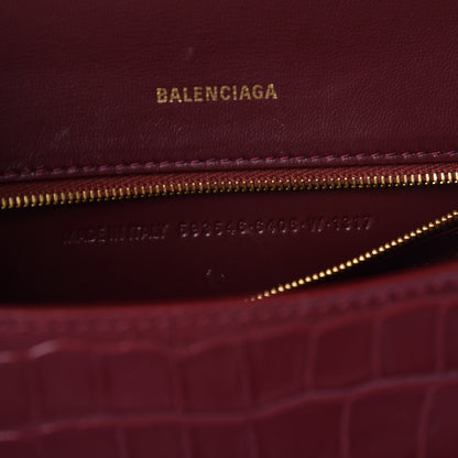 Balenciaga Shiny Calfskin Crocodile Embossed Small Hourglass Top Handle Bag Dark Red 7 of 11