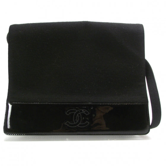 Patent Trim Jersey Shoulder Bag Black