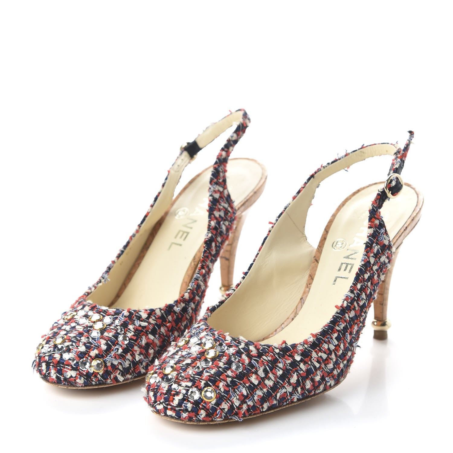 Chanel Tweed Crystal Cork CC Slingback Pumps 37.5 Multicolor 3 of 8