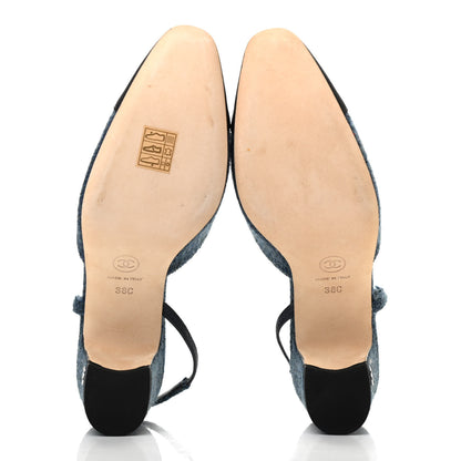 Chanel Tweed Grosgrain Cap Toe CC Slingback Pumps 38 Blue Black 5 of 8