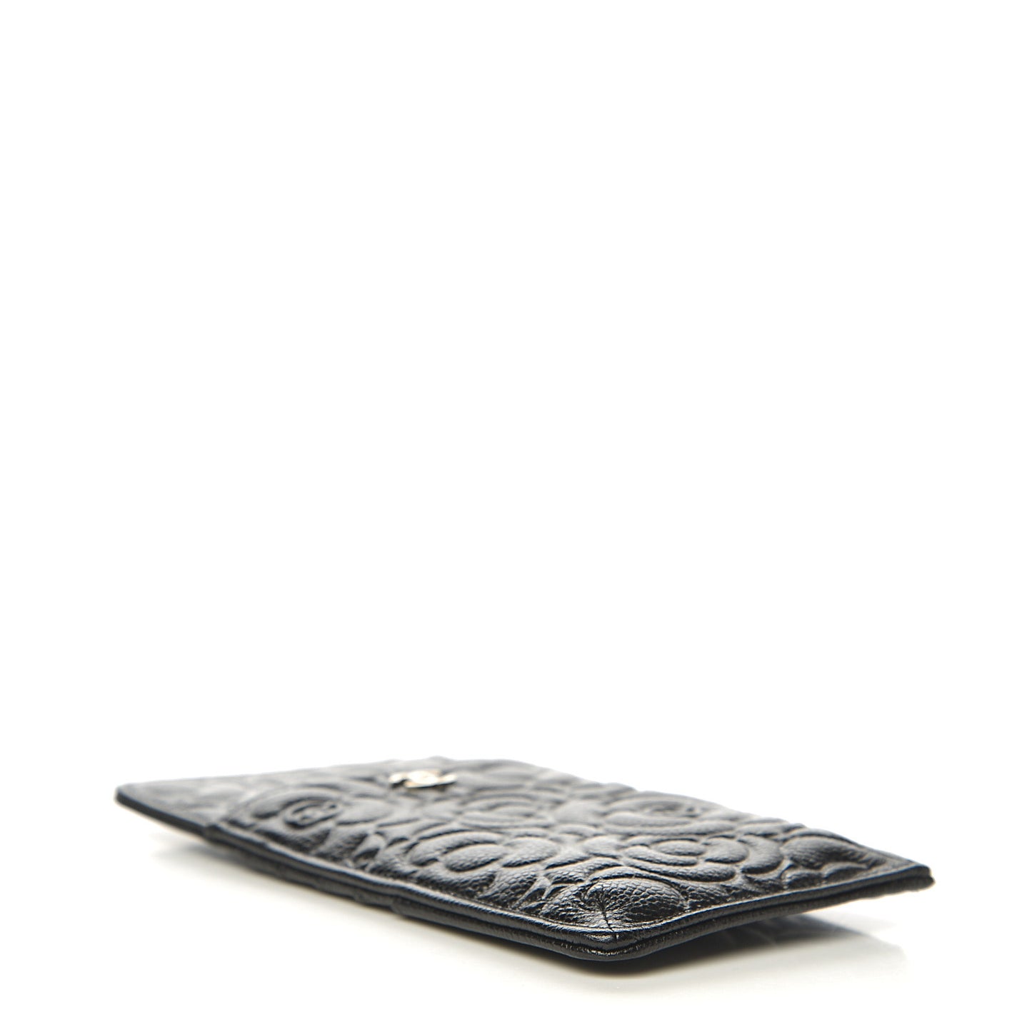 Caviar Camellia Embossed Classic Flat Wallet Pouch Black