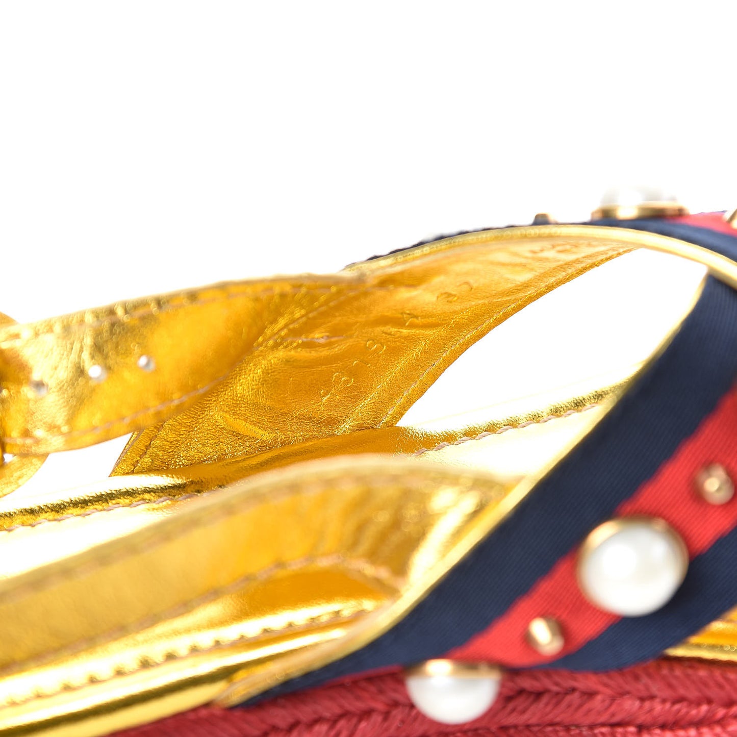 Metallic Nappa Silk Web Pearl Crossover Espadrille Platform Lug Sole Sandals 37 Gold