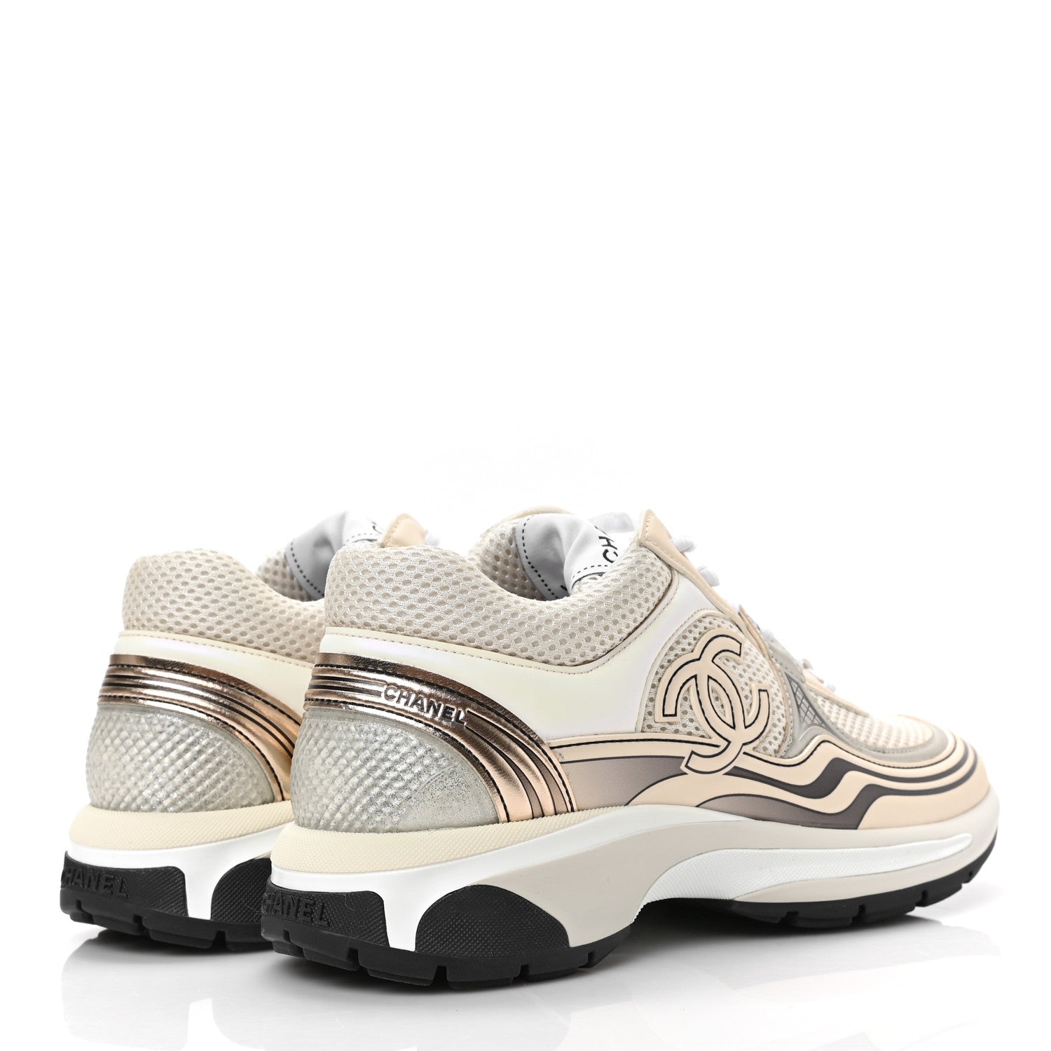 Chanel Fabric Laminated Calfskin Stretch CC Womens Sneakers 37.5 White Gold Silver 4 of 8