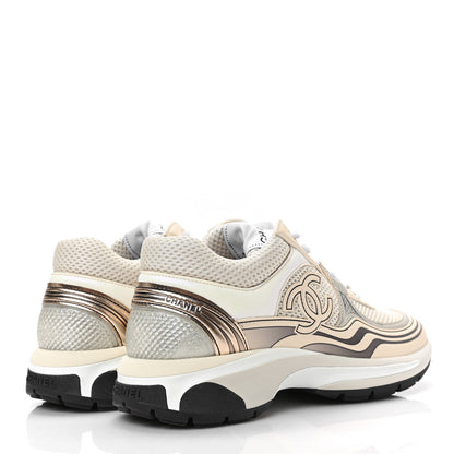 Chanel Fabric Laminated Calfskin Stretch CC Womens Sneakers 37.5 White Gold Silver 4 of 8