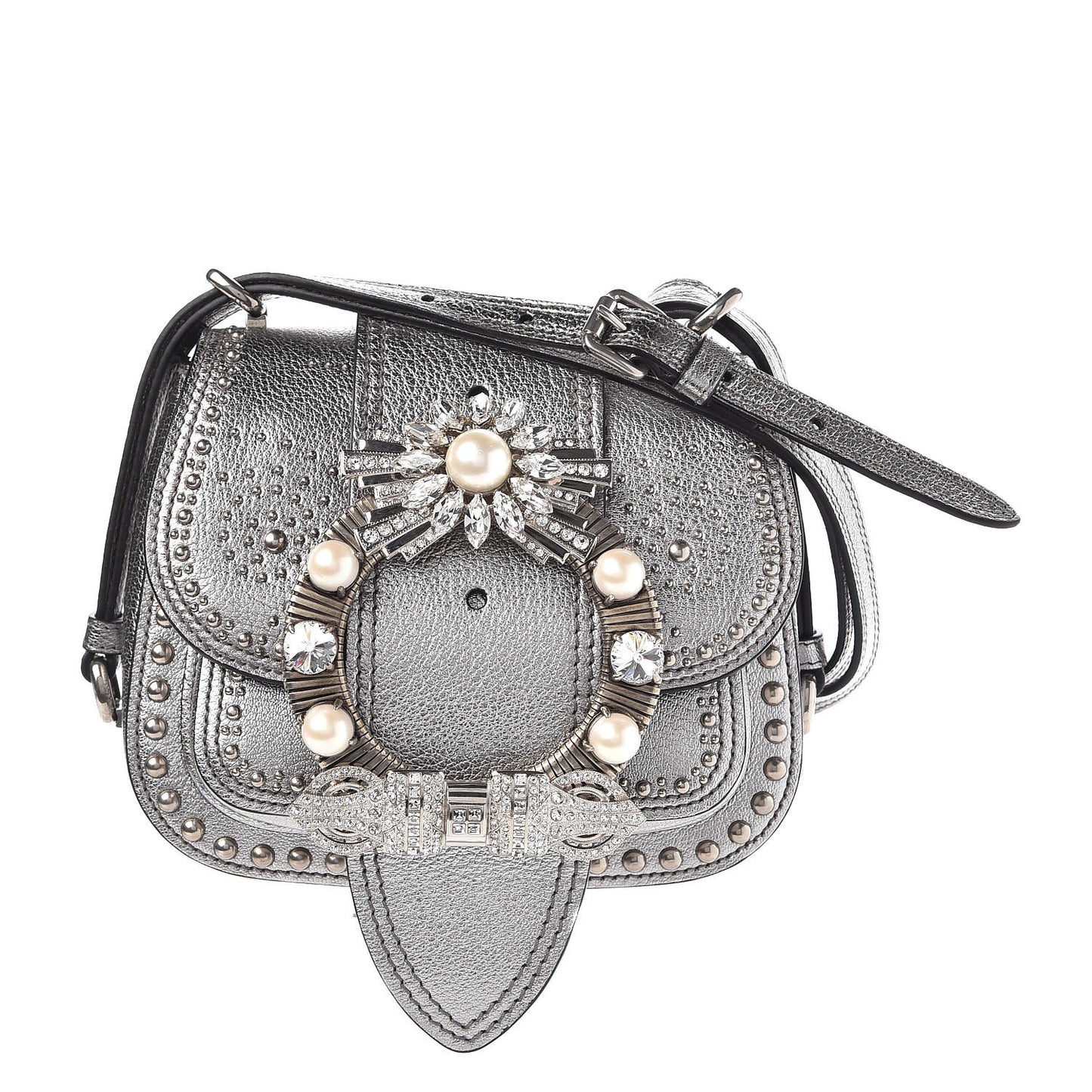 Metallic Goatskin Madras Stud Embellished Buckle Dahlia Shoulder Bag Chrome