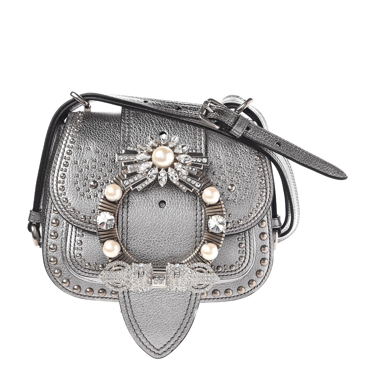 Miu Miu Metallic Goatskin Madras Stud Embellished Buckle Dahlia Shoulder Bag Chrome 1 of 20