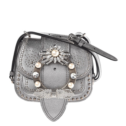 Miu Miu Metallic Goatskin Madras Stud Embellished Buckle Dahlia Shoulder Bag Chrome 1 of 20