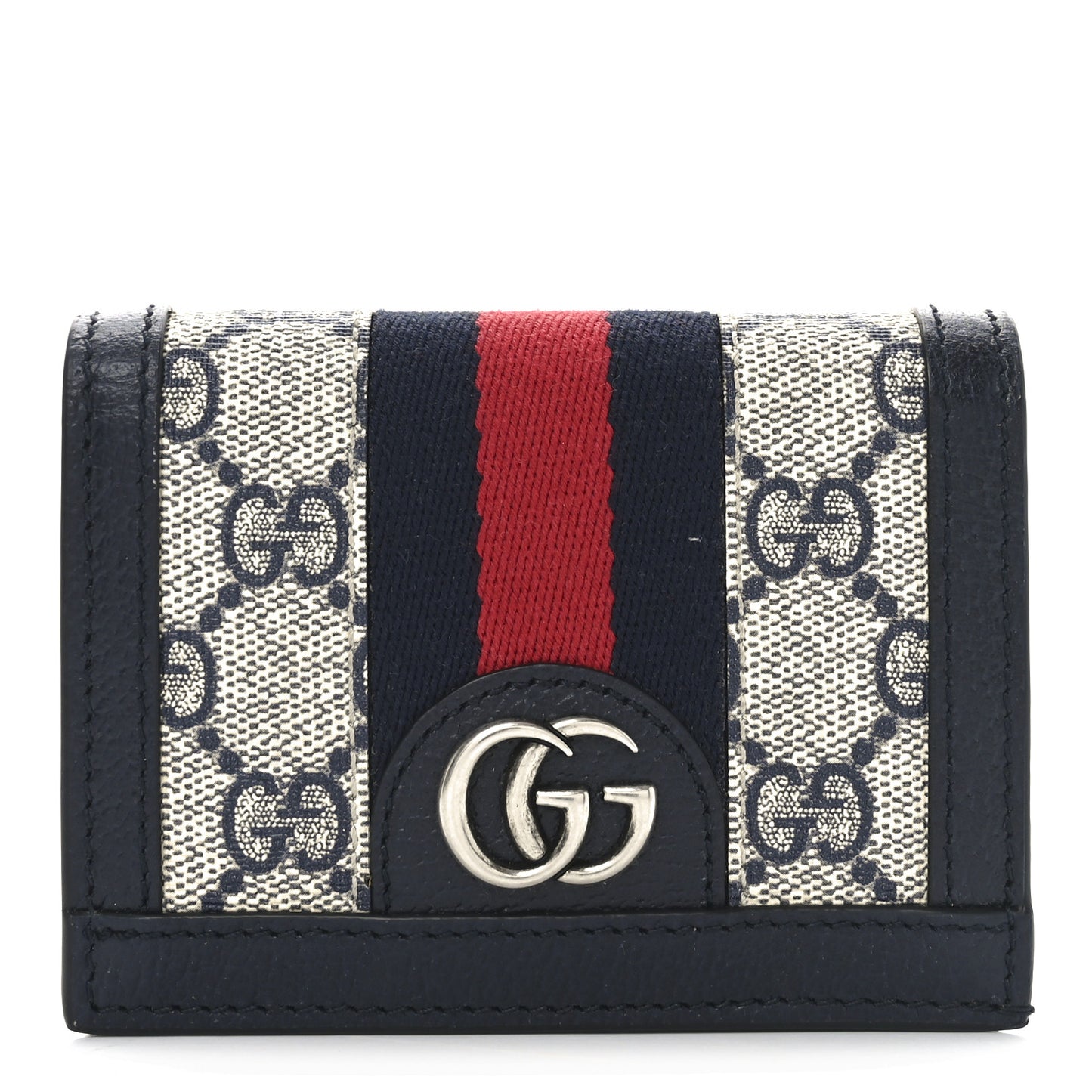 GG Supreme Monogram Textured Dollar Calfskin Web Ophidia Card Case Beige Blue