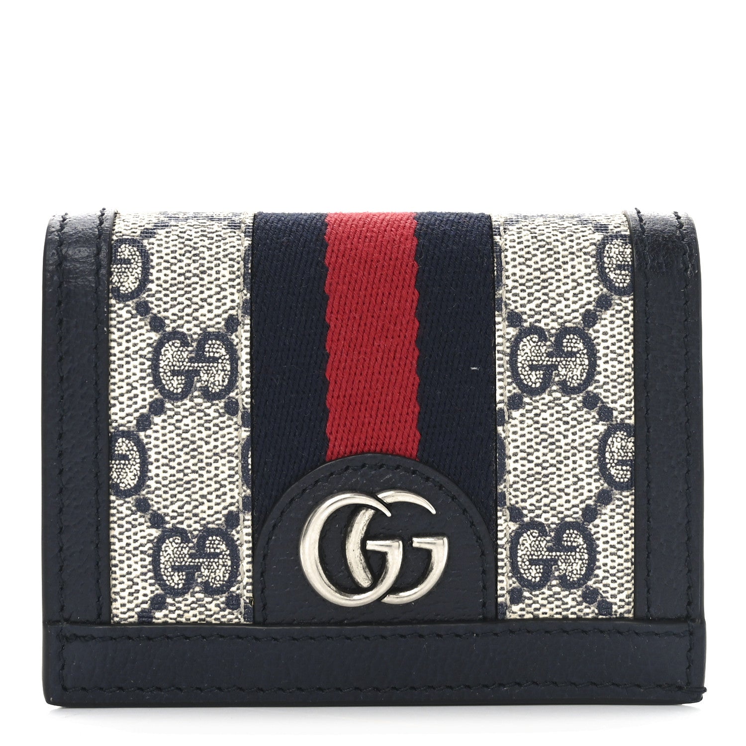 Gucci GG Supreme Monogram Textured Dollar Calfskin Web Ophidia Card Case Beige Blue 1 of 8