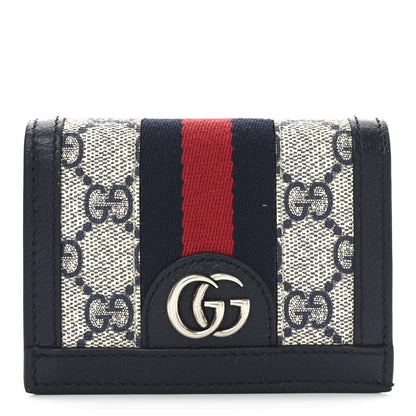 Gucci GG Supreme Monogram Textured Dollar Calfskin Web Ophidia Card Case Beige Blue 1 of 8