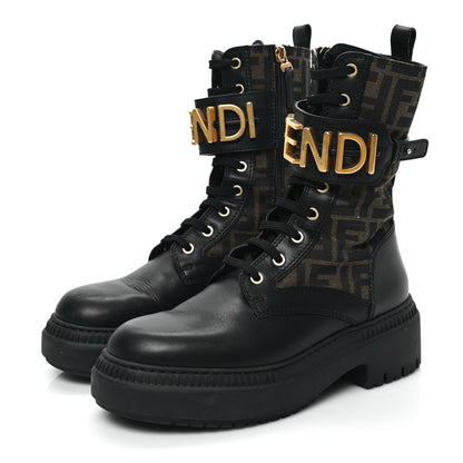 Fendi Vitello Fabric Jacquard FF Fendigraphy 50mm Biker Boots 39 Black Tobacco 3 of 12