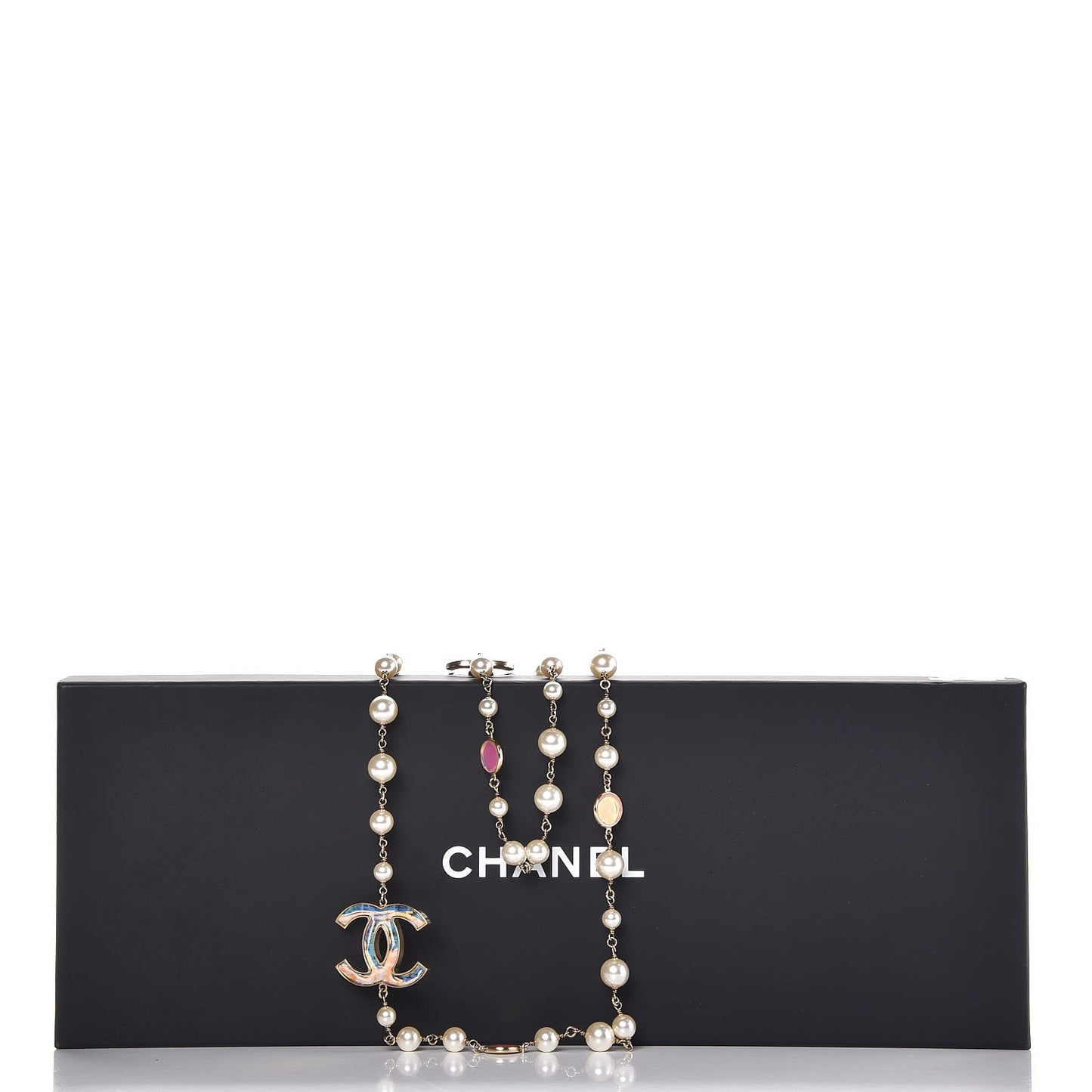 Pearl Enamel CC Long Necklace Pink Gold