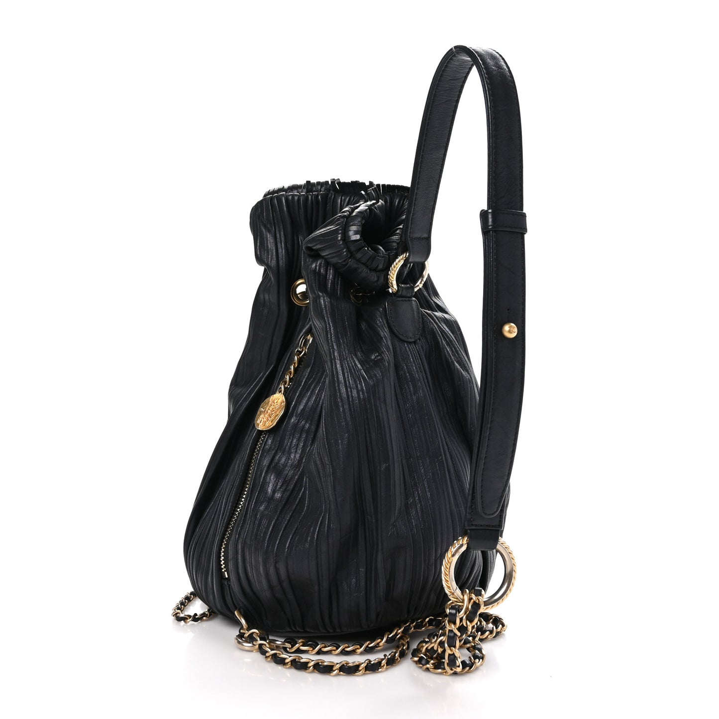 Iridescent Crumpled Calfskin Small Coco Pleats Backpack Black