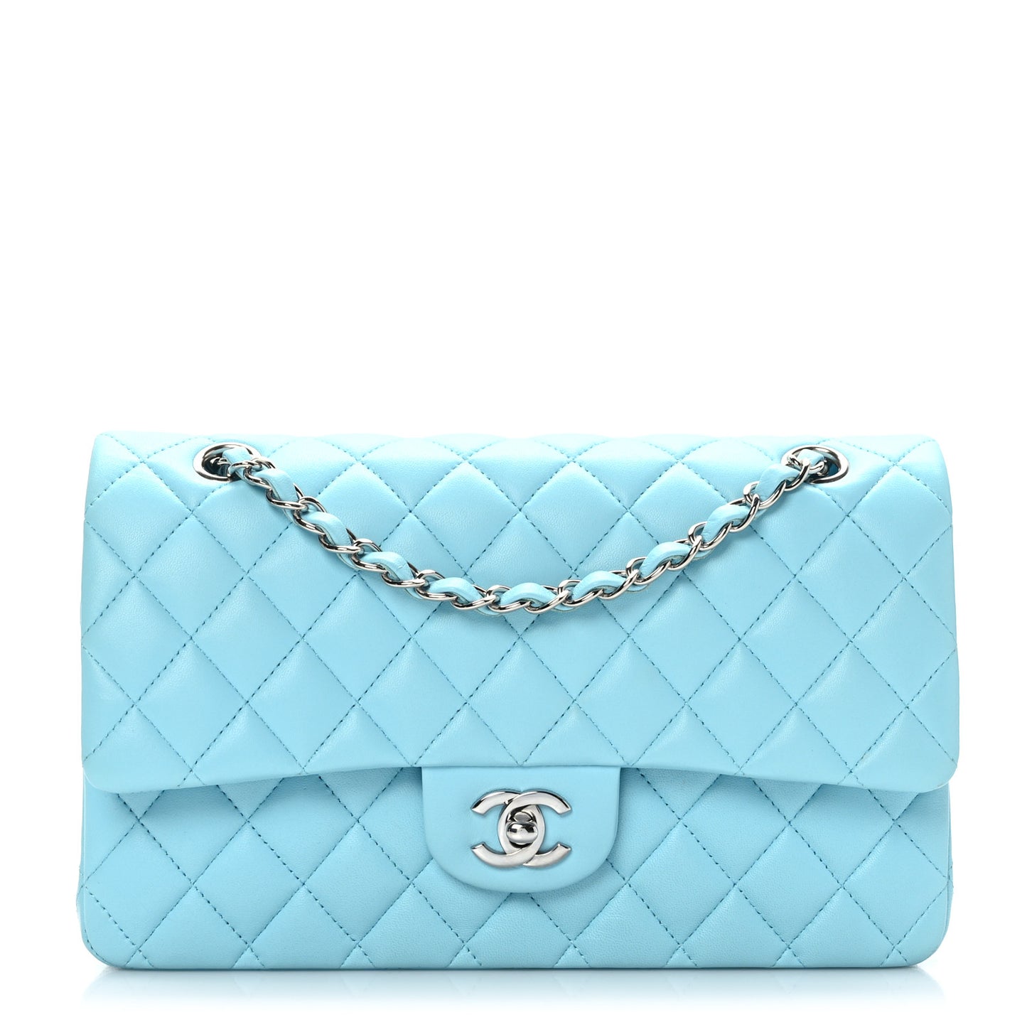 Lambskin Quilted Medium Double Flap Light Blue