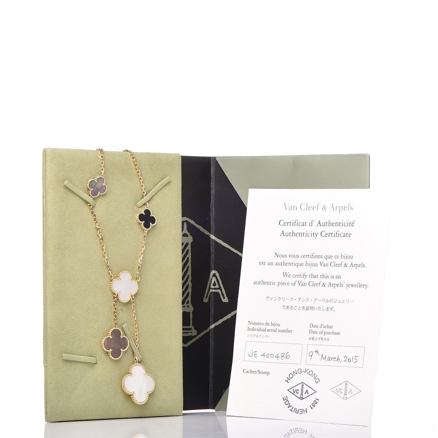 18K Yellow Gold Mother of Pearl Onyx 6 Motifs Magic Alhambra Necklace