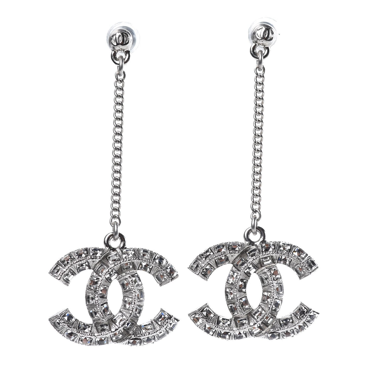Baguette Crystal CC Drop Earrings Silver