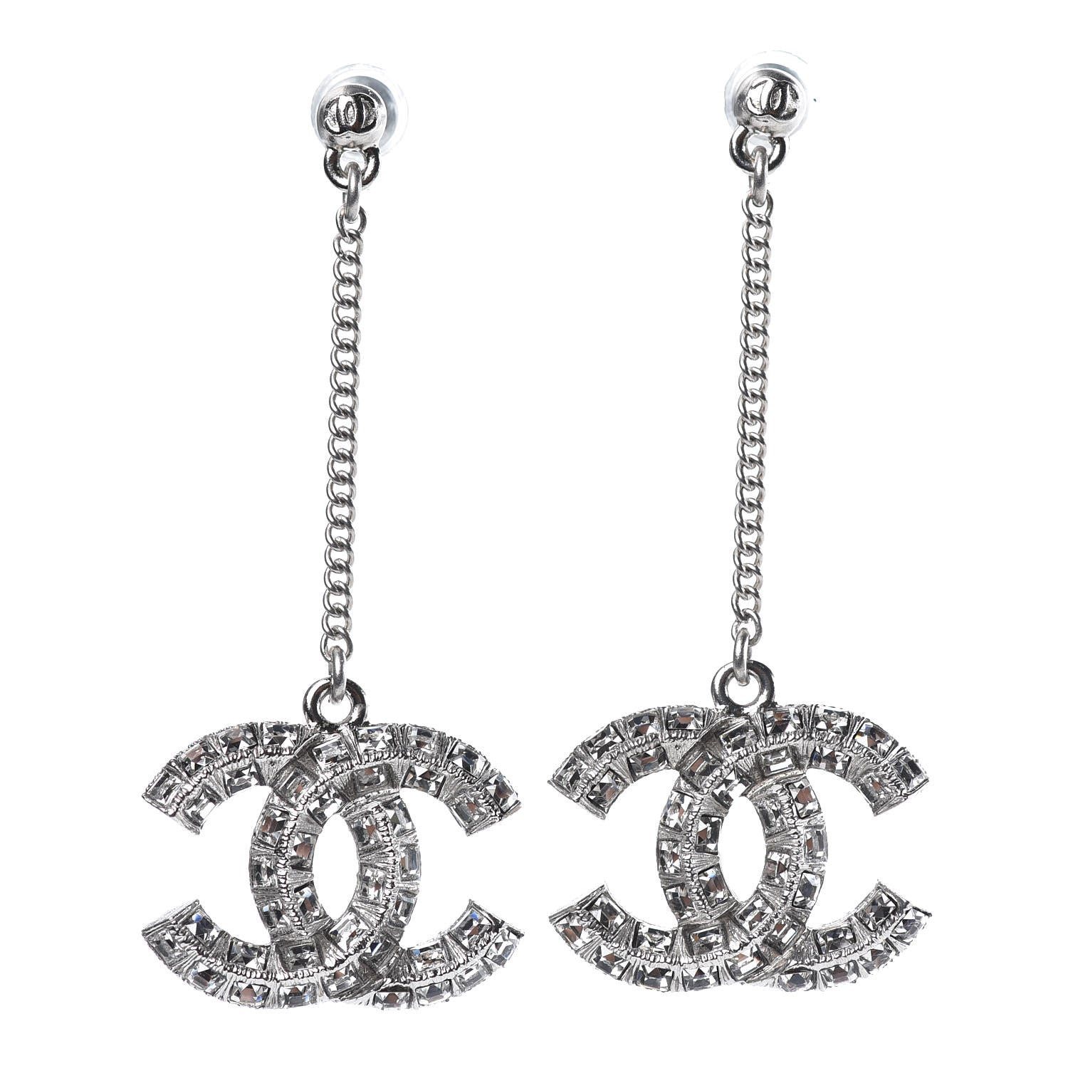 Chanel Baguette Crystal CC Drop Earrings Silver 1 of 4