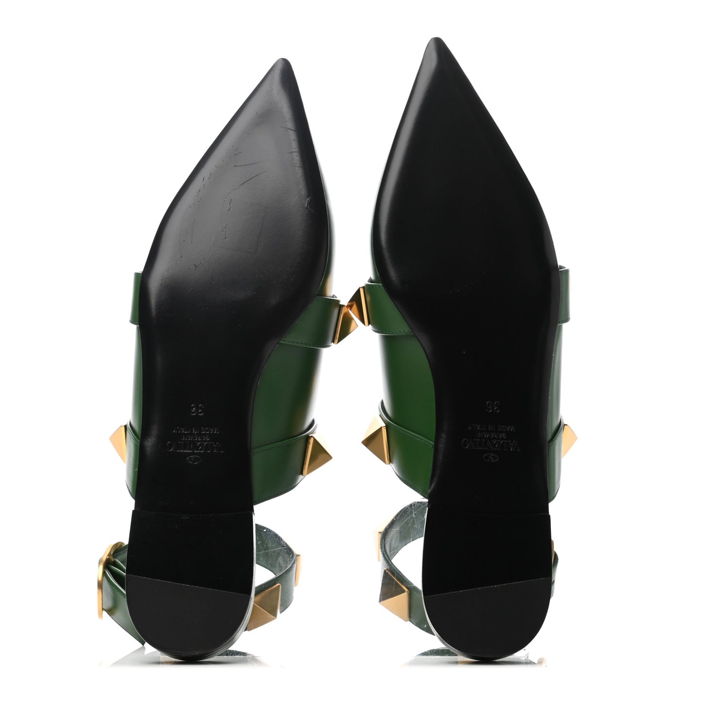 Calfskin Roman Stud Ankle Strap Flat Mules 36 Fern