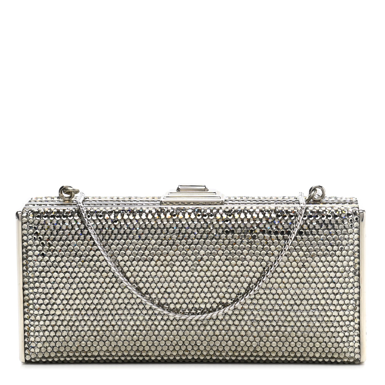 JUDITH LEIBER Swarovski Crystal Minaudiere Clutch in the color Silver by FASHIONPHILE