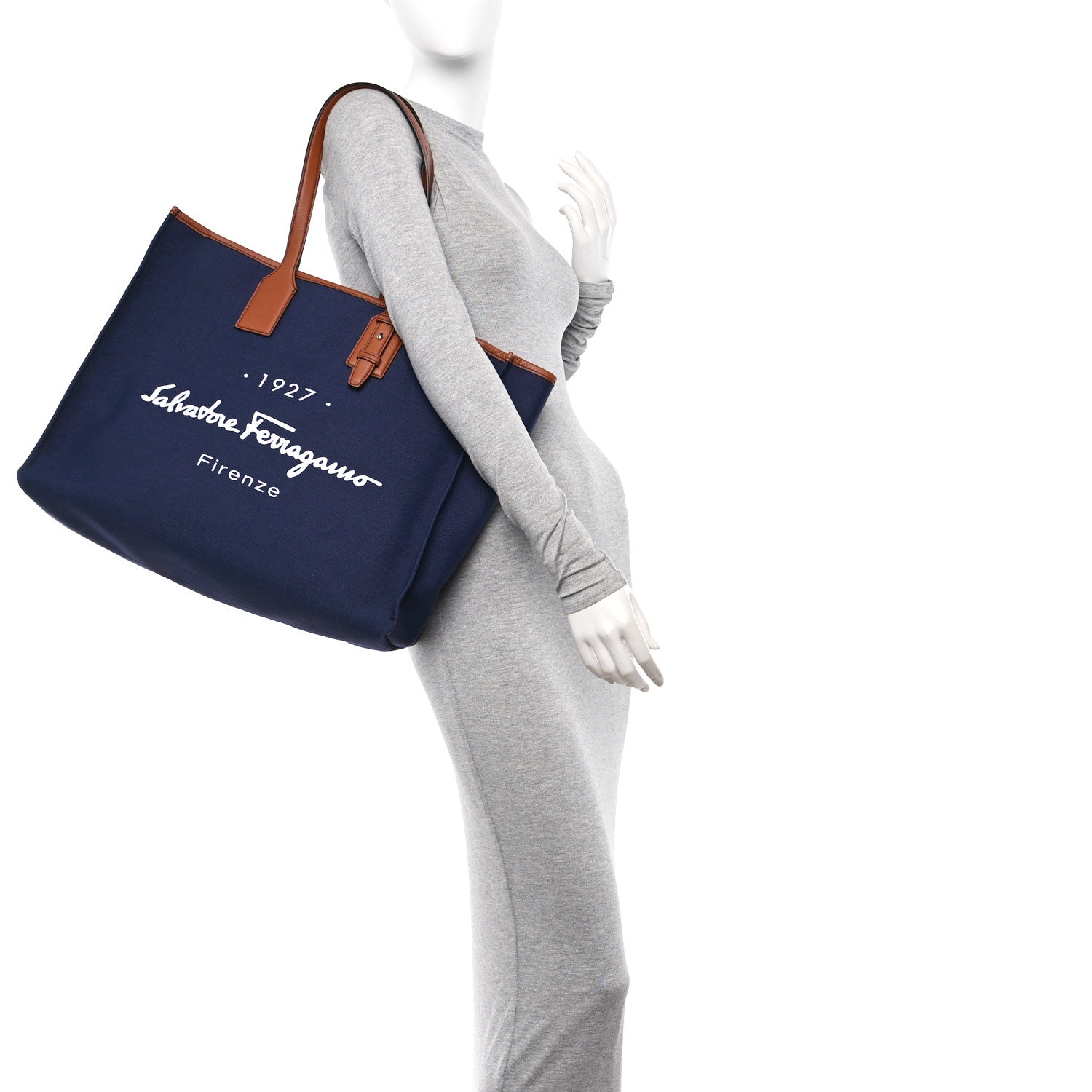 Salvatore Ferragamo Canvas 1927 Signature Tote Navy Brown 2 of 9