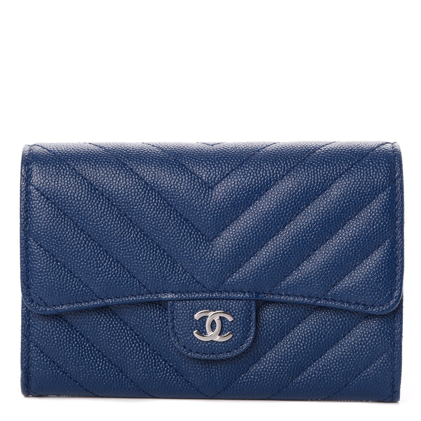 Caviar Chevron Quilted Medium Flap Wallet Blue