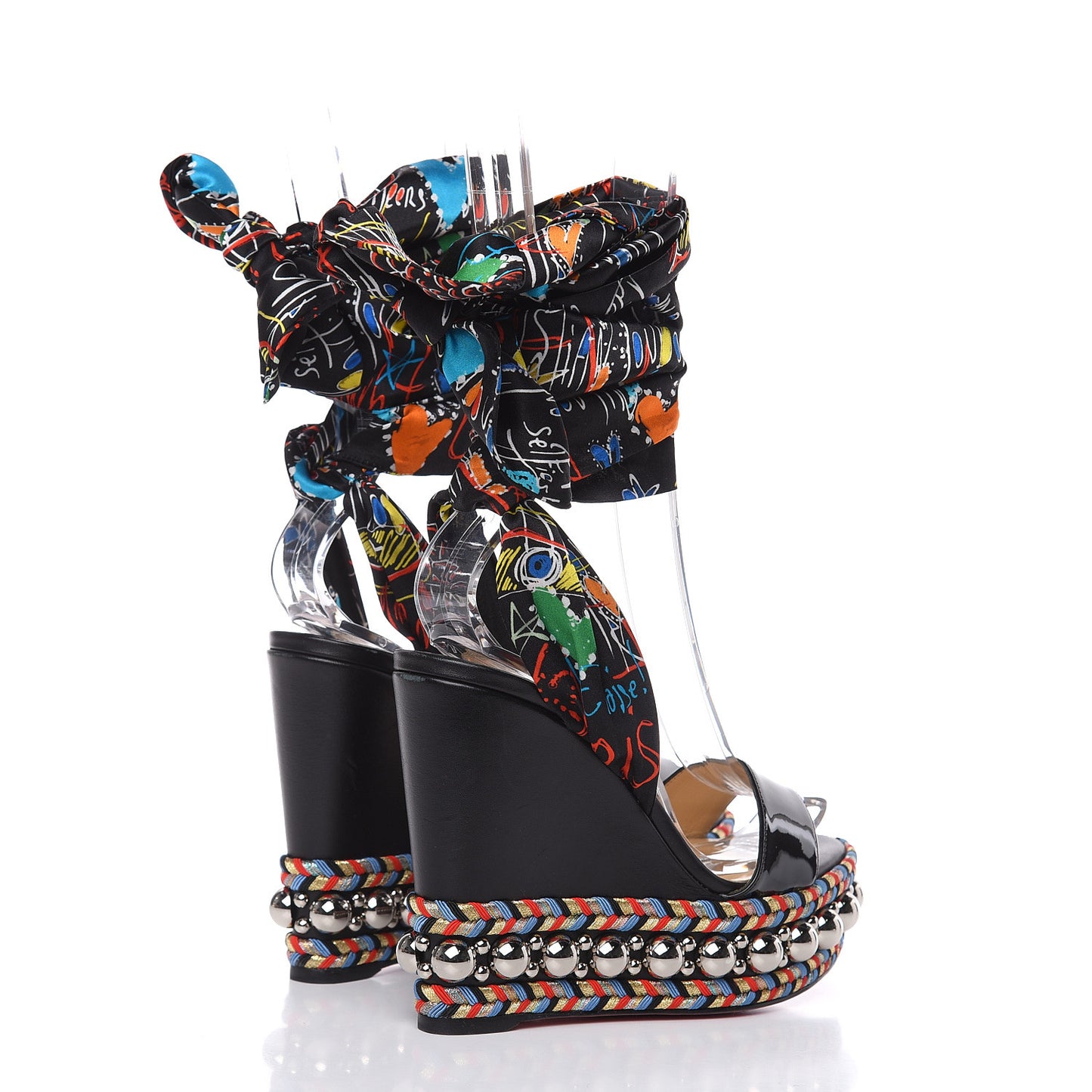Patent Crepe Satin Loubitag Levantine 120 Wedge Sandals 36 Black