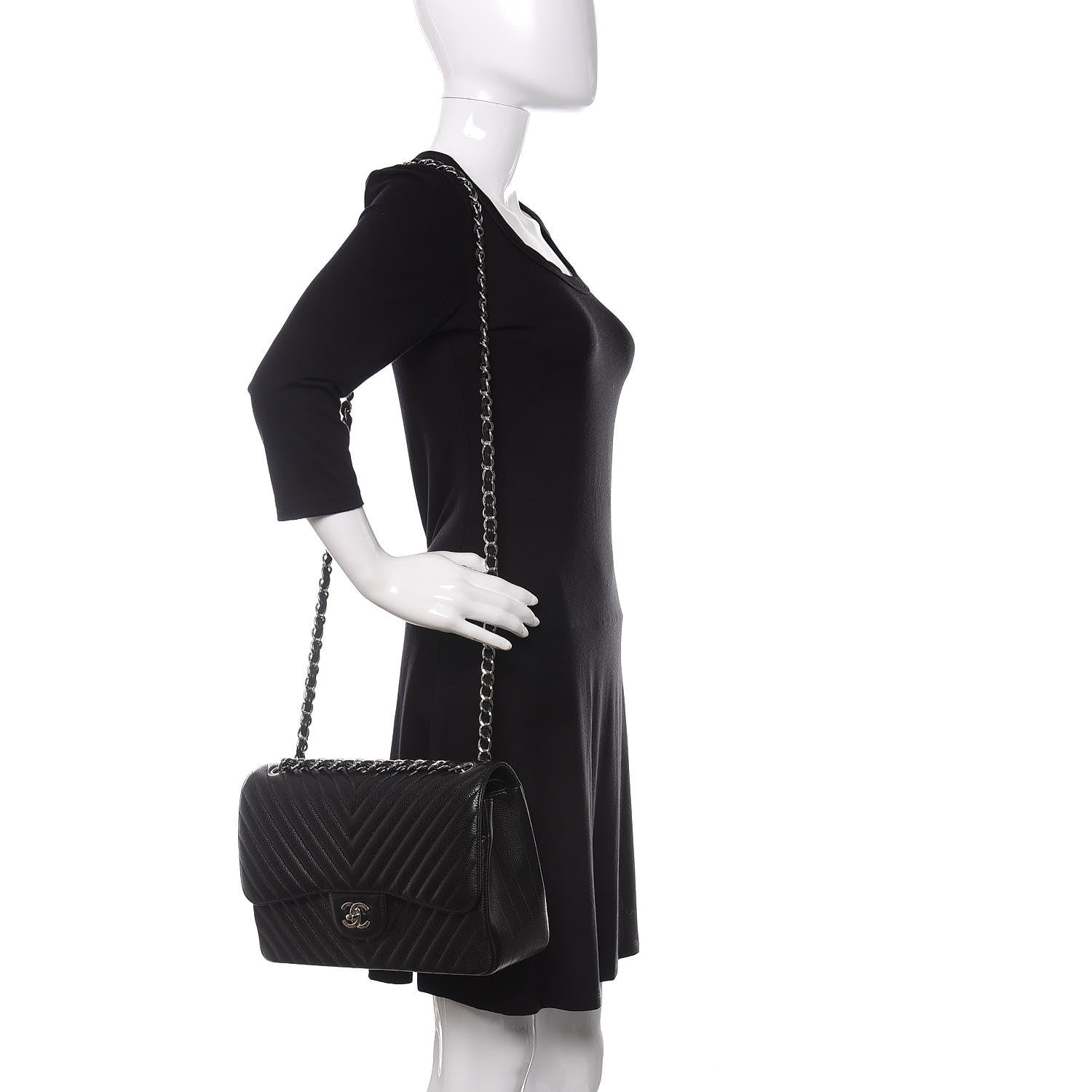 Chanel Caviar Chevron Quilted Jumbo Double Flap Black 2 of 11