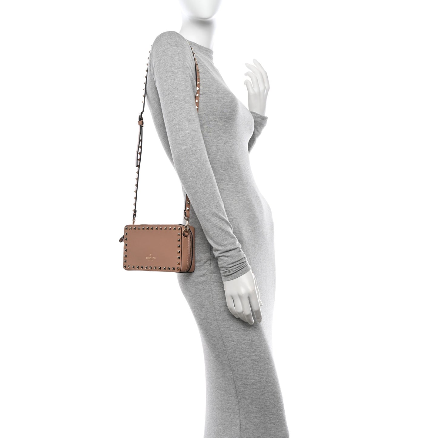 Calfskin Rockstud Camera Clutch Crossbody Bag Poudre
