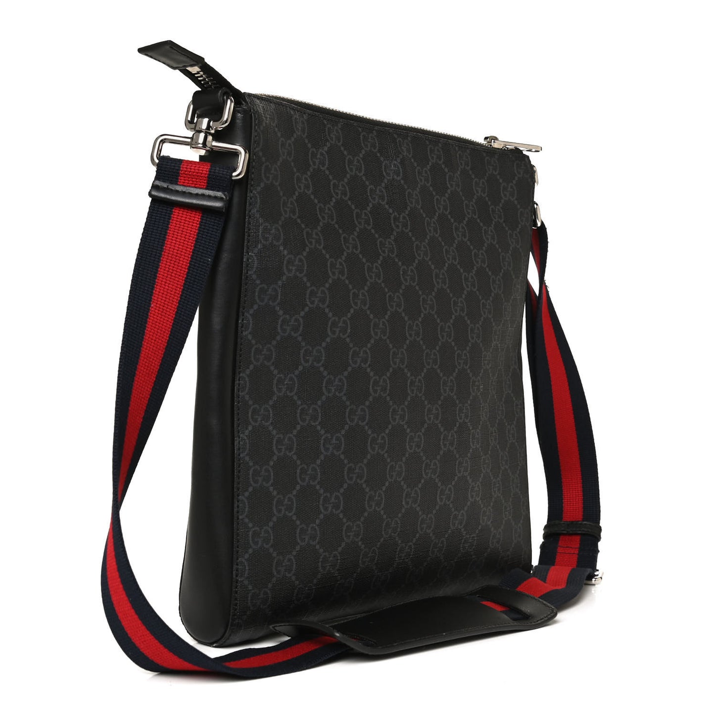 GG Supreme Monogram Appia Calfskin Web Flat Messenger Bag Black Grey