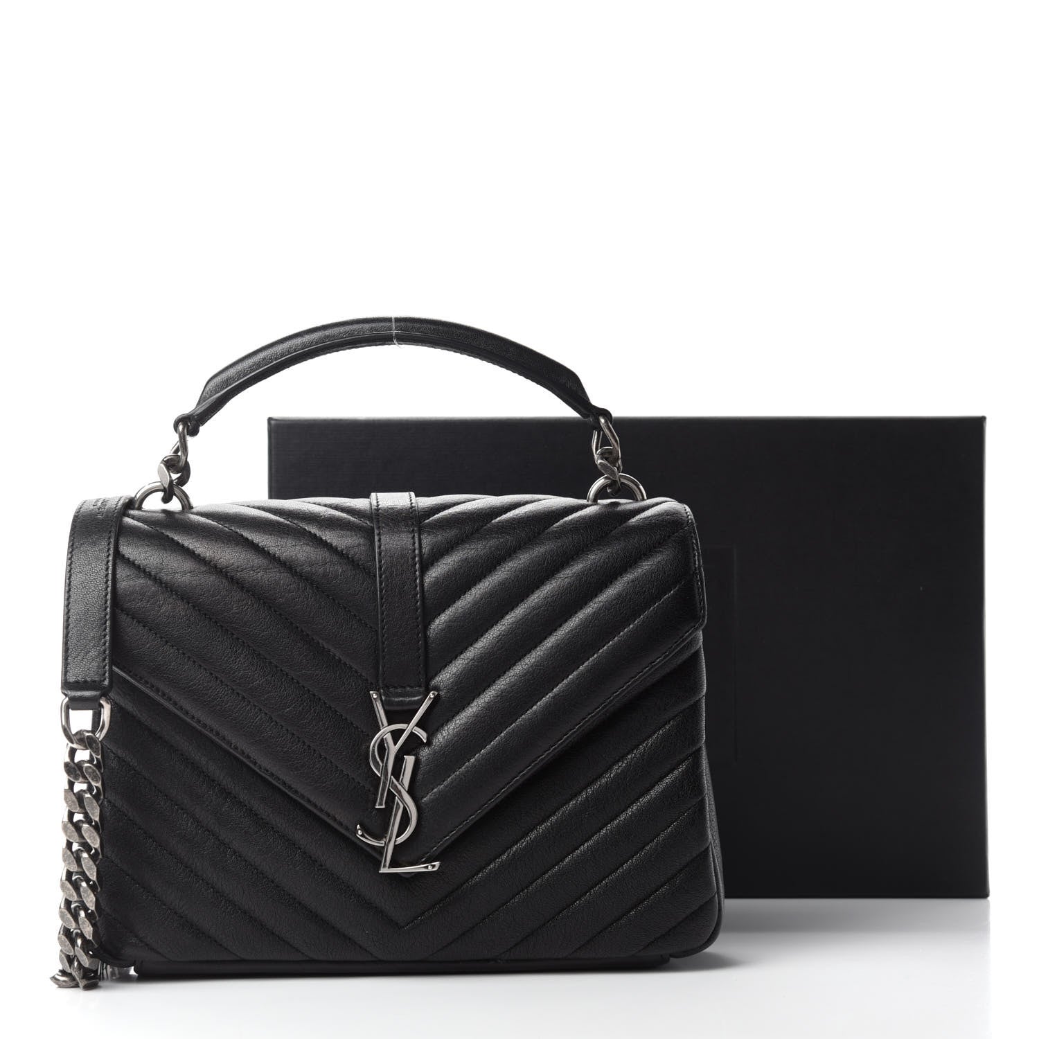 Saint Laurent Sheepskin Matelasse Chevron Monogram Medium College Bag Black 13 of 13