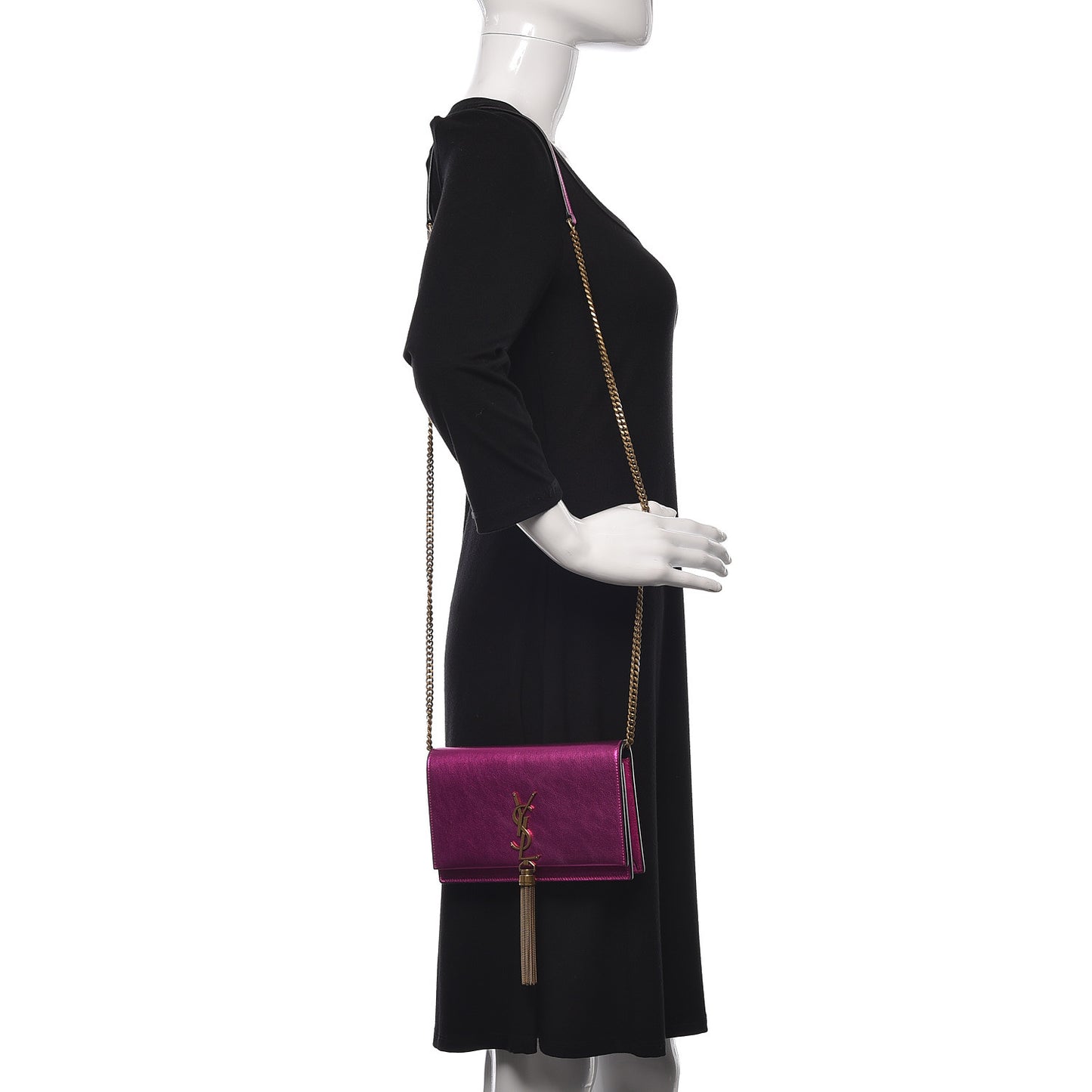 Metallic Calfskin Classic Monogram Kate Tassel Chain Wallet Fuchsia