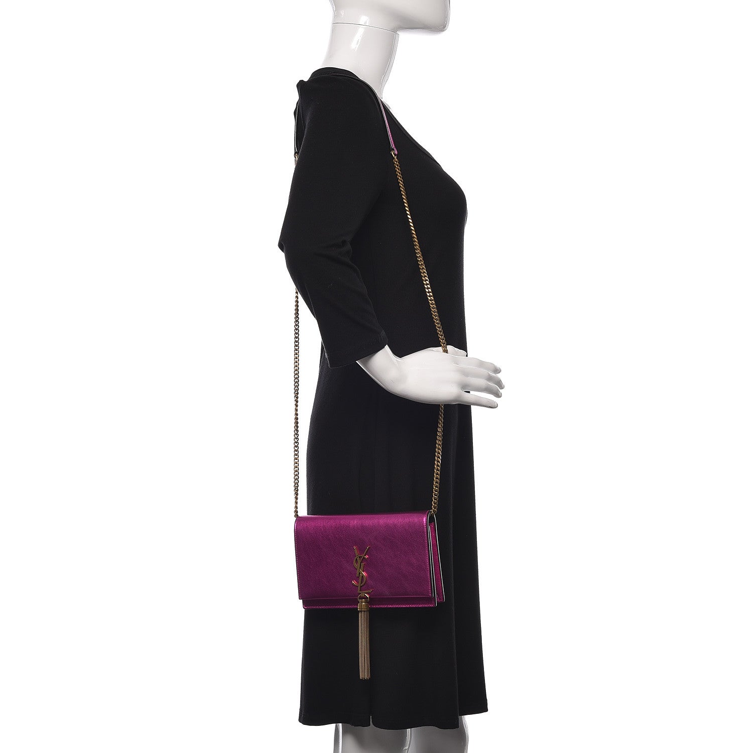 Saint Laurent Metallic Calfskin Classic Monogram Kate Tassel Chain Wallet Fuchsia 2 of 12