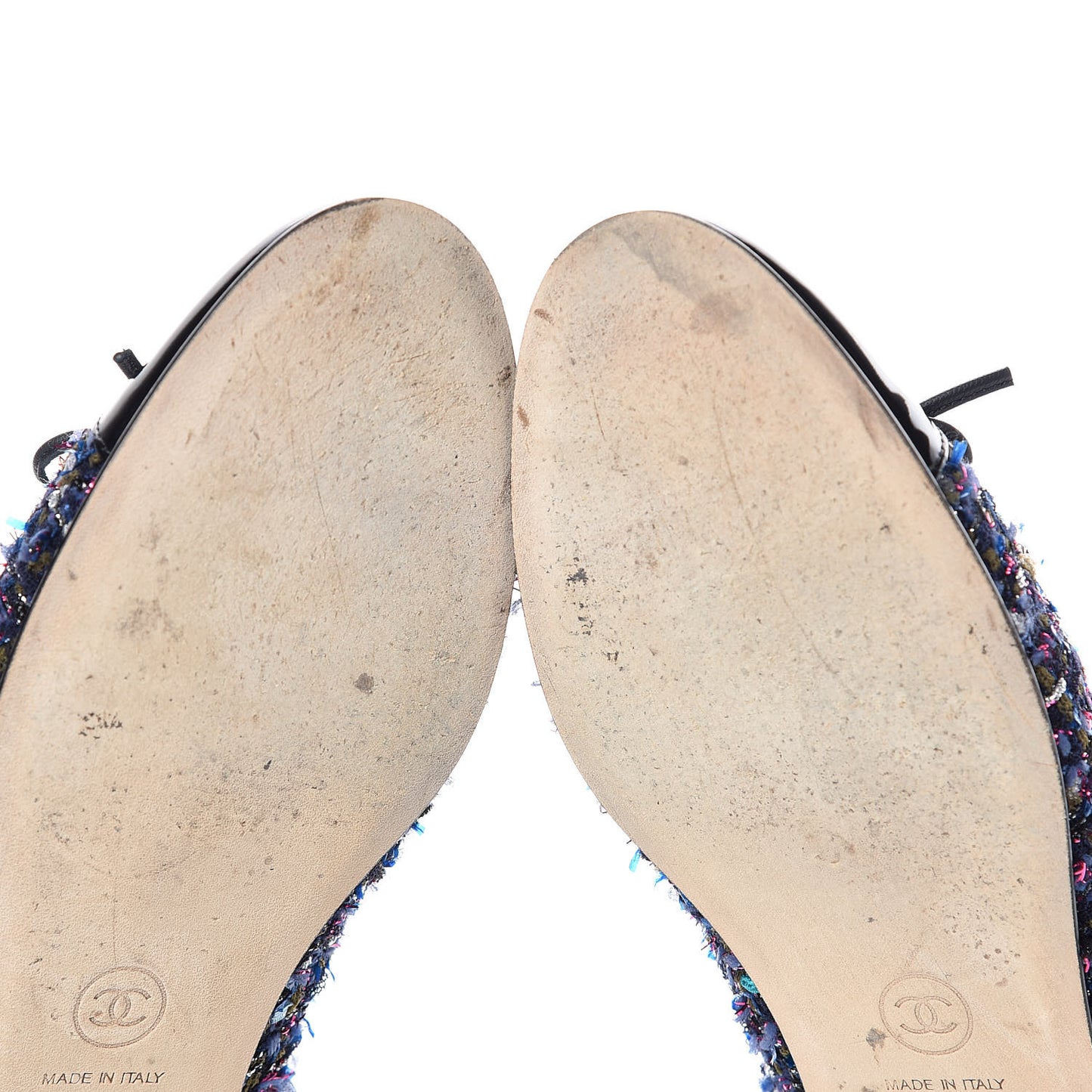 Tweed Patent Calfskin Cap Toe Ballerina Flats 37.5 Blue Pink Black