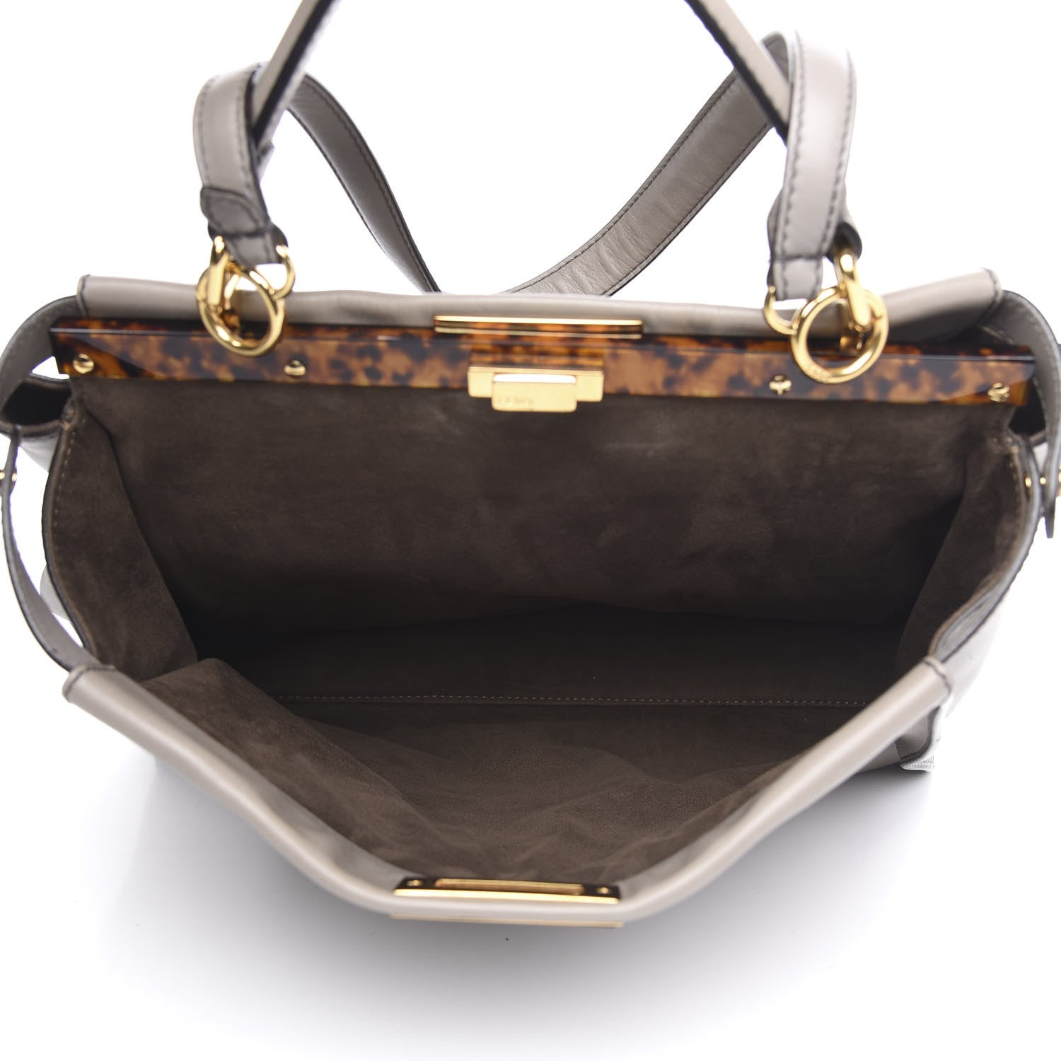 Fendi Vitello Seta Suede Plexiglass Tortoise Large Peekaboo Iconic Satchel Asfalto Marrone 6 of 16