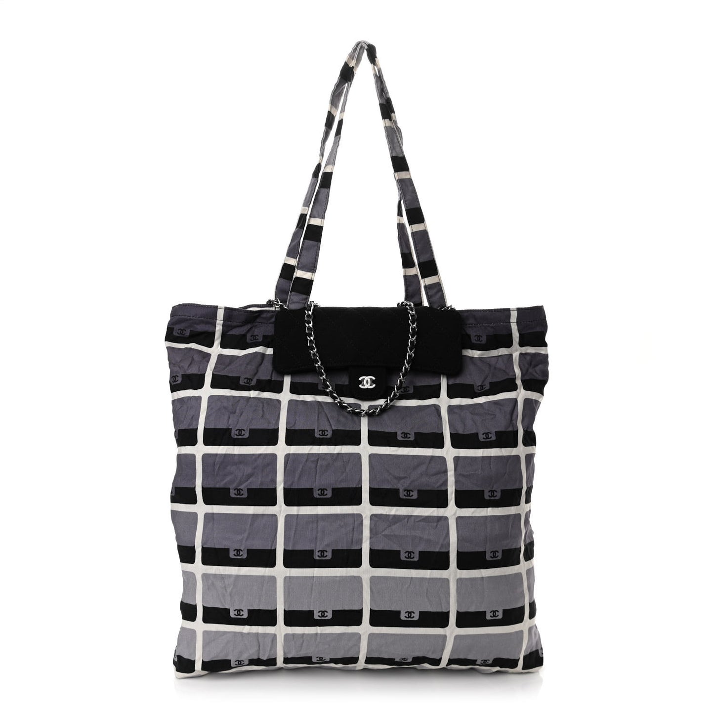 Jersey Fabric Quilted Foldable Tote With Chain Black Multicolor